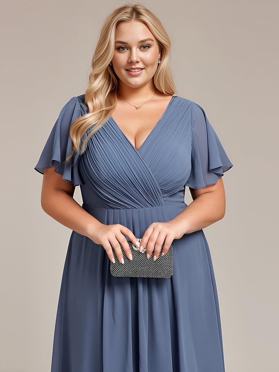 Plus Size V-Neck Pleated Chiffon Midi Wedding Guest Dress #color_Dusty Blue
