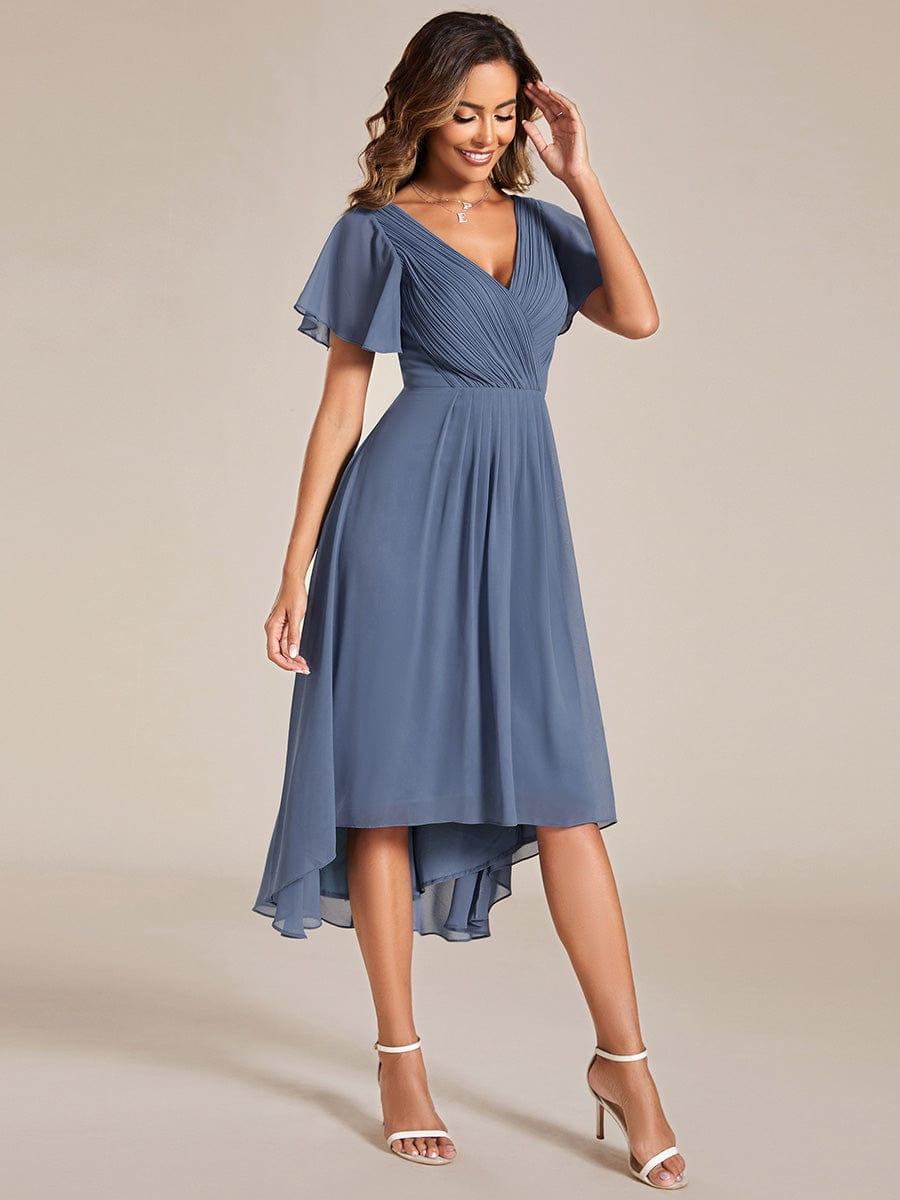 Plus Size V-Neck Pleated Chiffon Midi Wedding Guest Dress #color_Dusty Blue