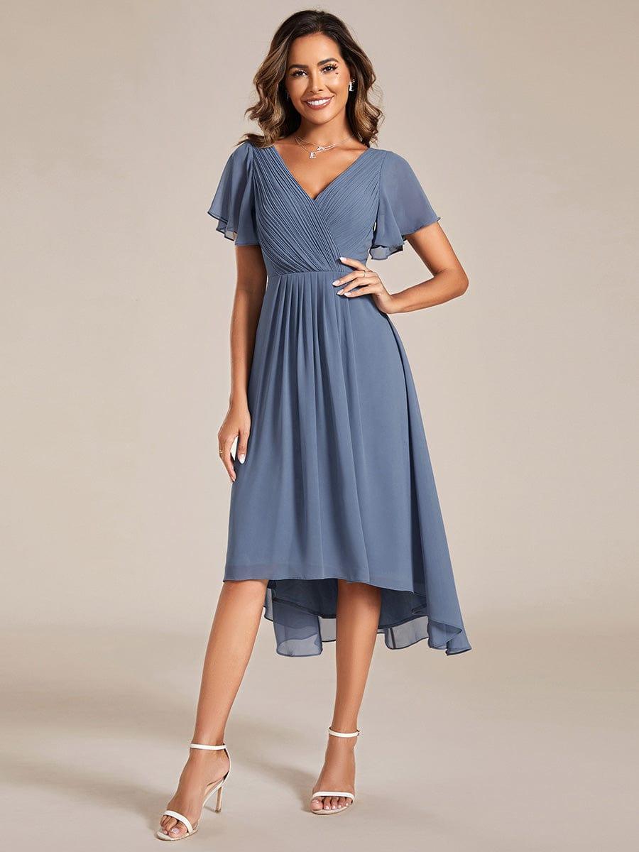 Plus Size V-Neck Pleated Chiffon Midi Wedding Guest Dress #color_Dusty Blue