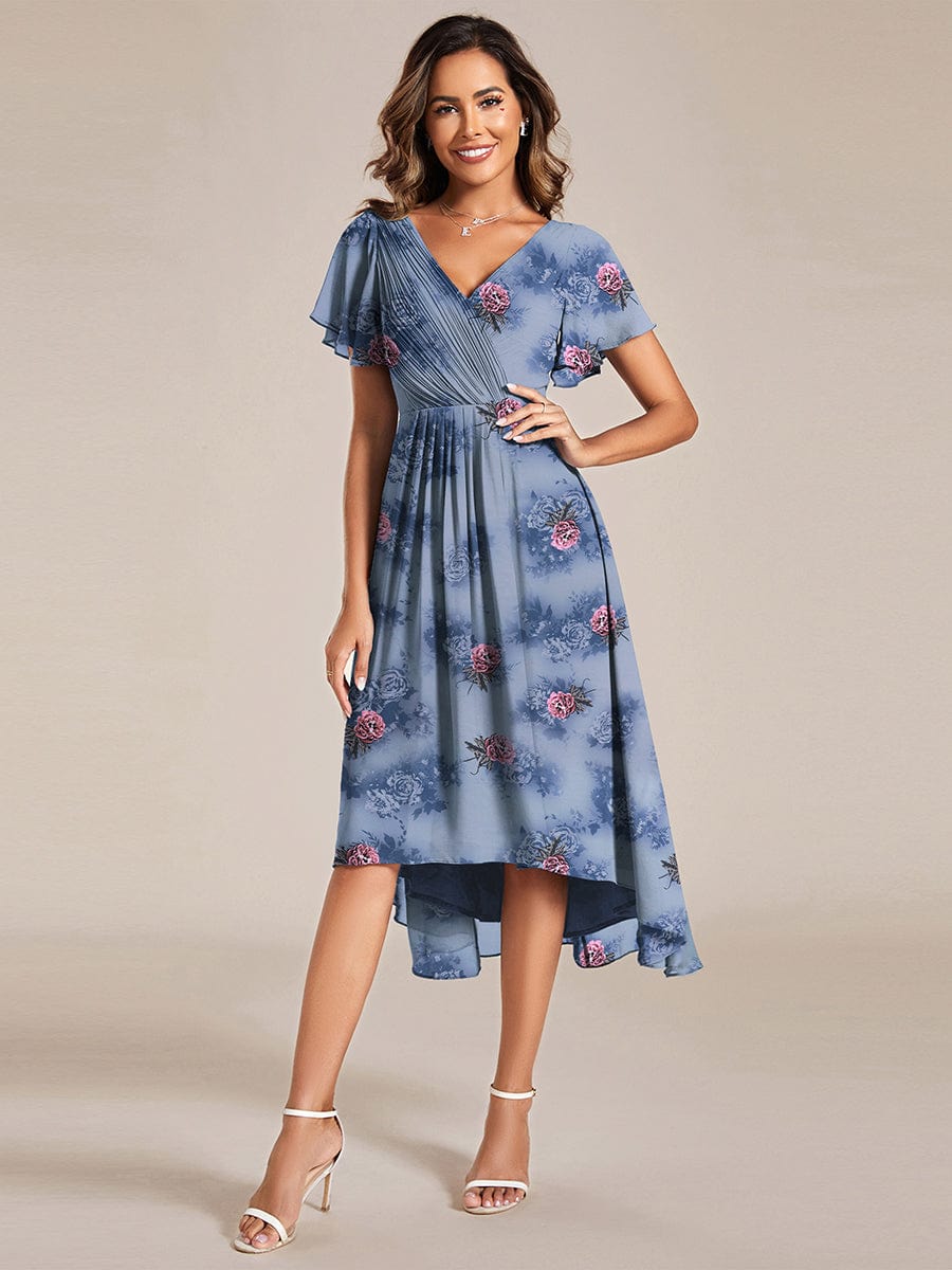 Elegant V-Neck Flowy High-Low Short Sleeve Wedding Guest Dress #color_Dusty Peony