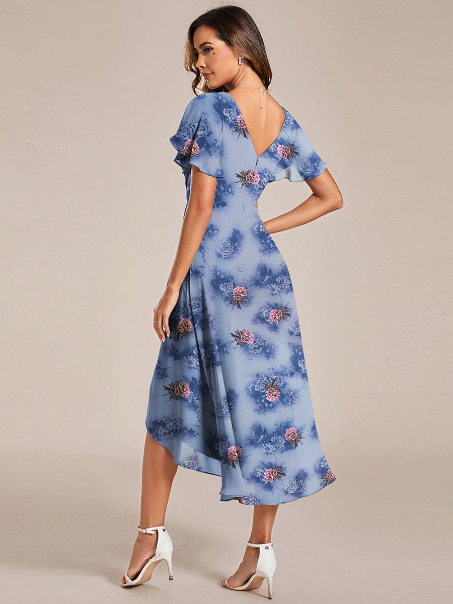 Elegant V-Neck Flowy High-Low Short Sleeve Wedding Guest Dress #color_Dusty Peony