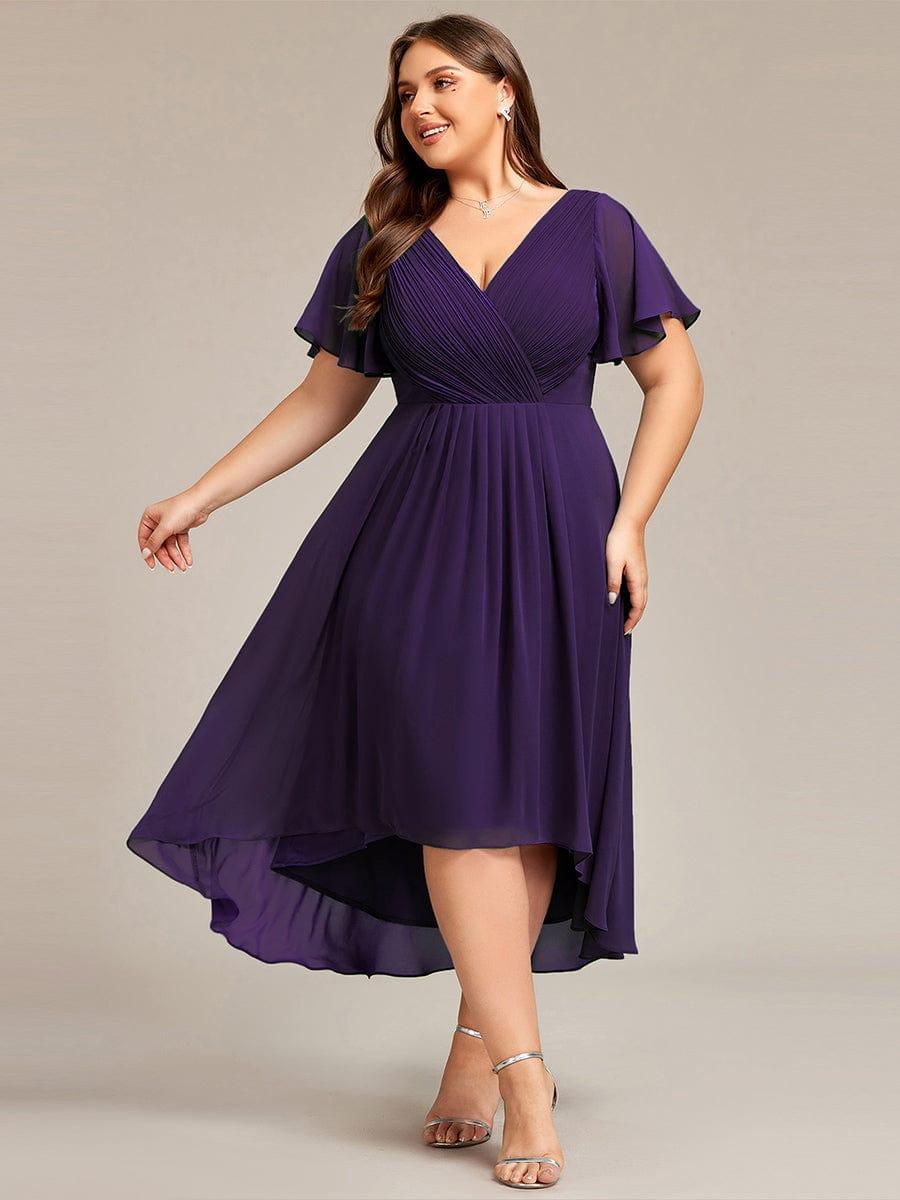 Plus Size Double V-Neck Ruffles Sleeve Chiffon Midi Wedding Guest Dress #color_Dark Purple