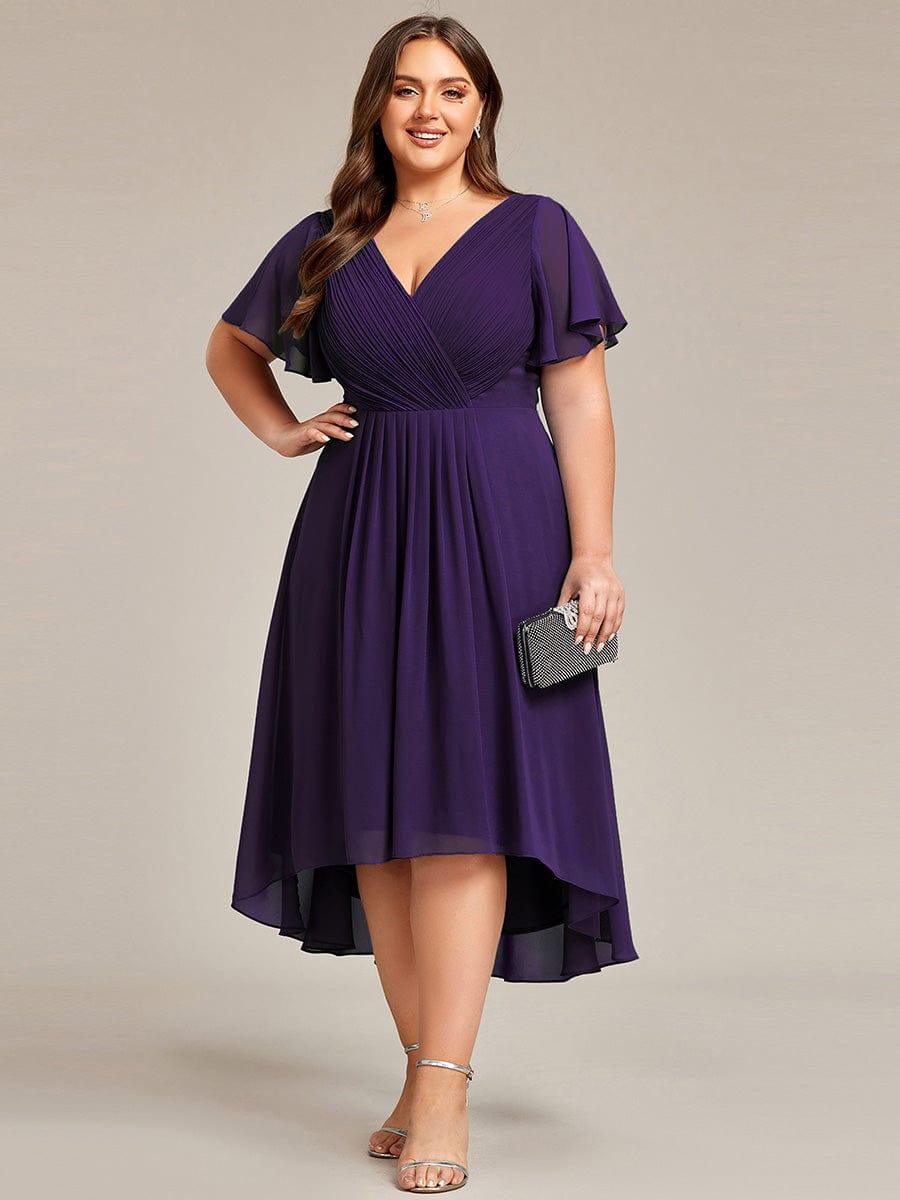 Plus Size Double V-Neck Ruffles Sleeve Chiffon Midi Wedding Guest Dress #color_Dark Purple