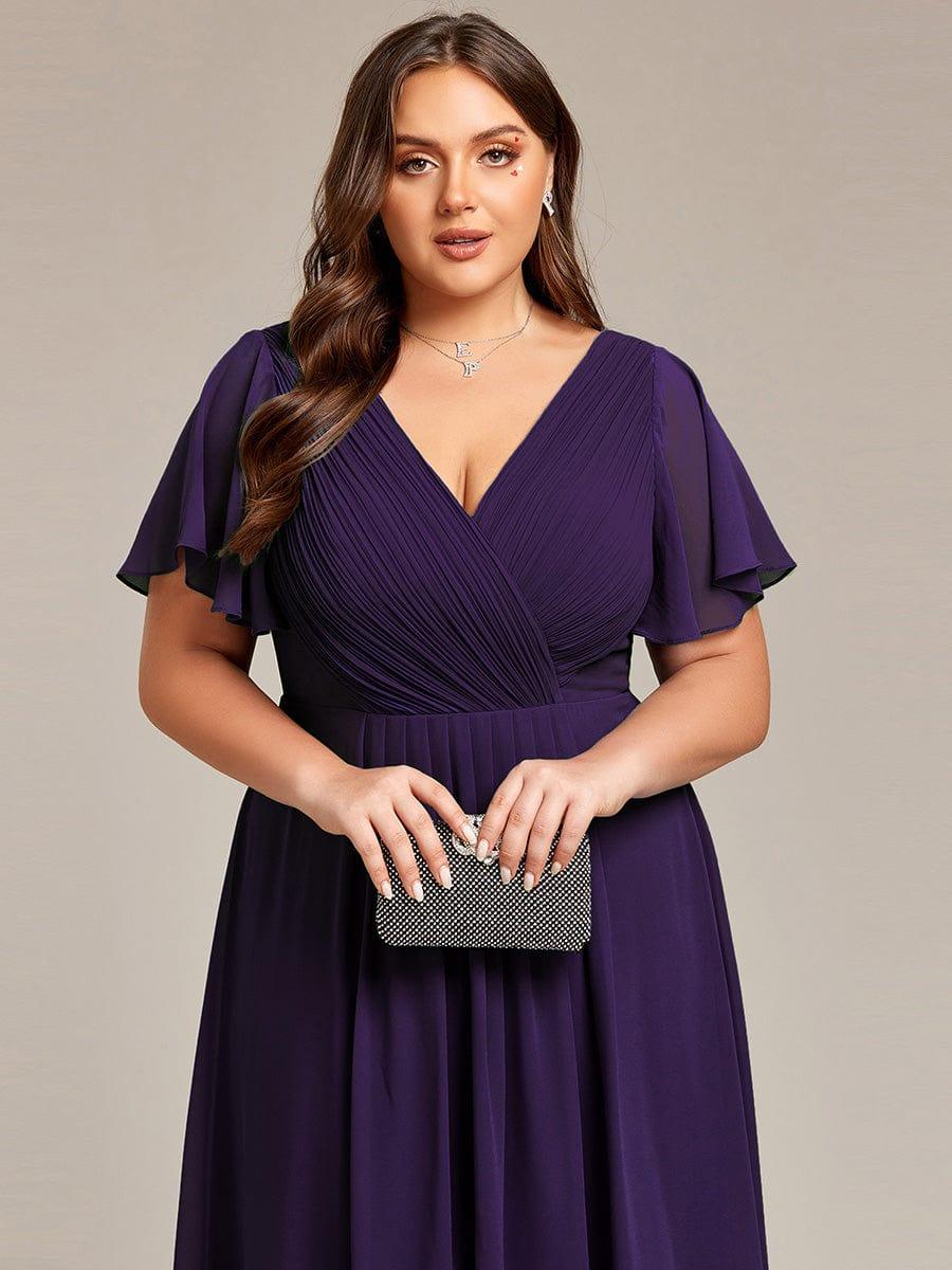 Plus Size Double V-Neck Ruffles Sleeve Chiffon Midi Wedding Guest Dress #color_Dark Purple