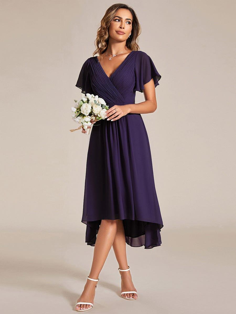 Chic V Neck Asymmetrical Hem Ruffles Sleeve Pleated Chiffon Wedding Guest Dress #color_Dark Purple