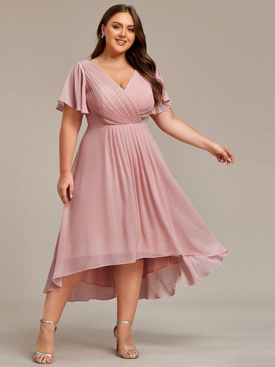 Plus Size V-Neck Pleated Chiffon Midi Wedding Guest Dress #color_Dusty Rose