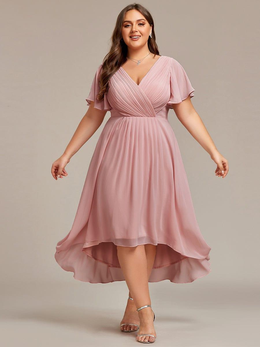 Plus Size V-Neck Pleated Chiffon Midi Wedding Guest Dress #color_Dusty Rose