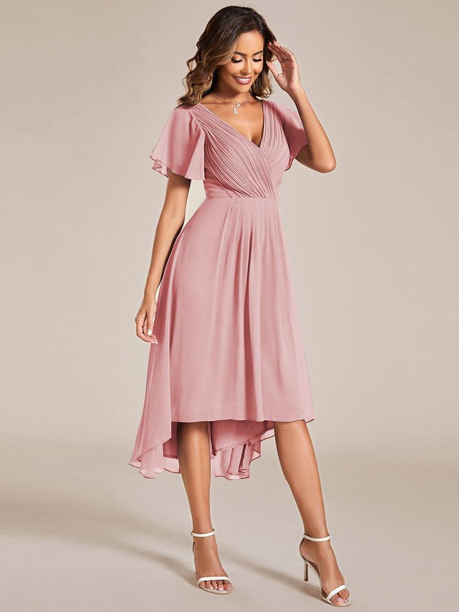 Plus Size V-Neck Pleated Chiffon Midi Wedding Guest Dress #color_Dusty Rose