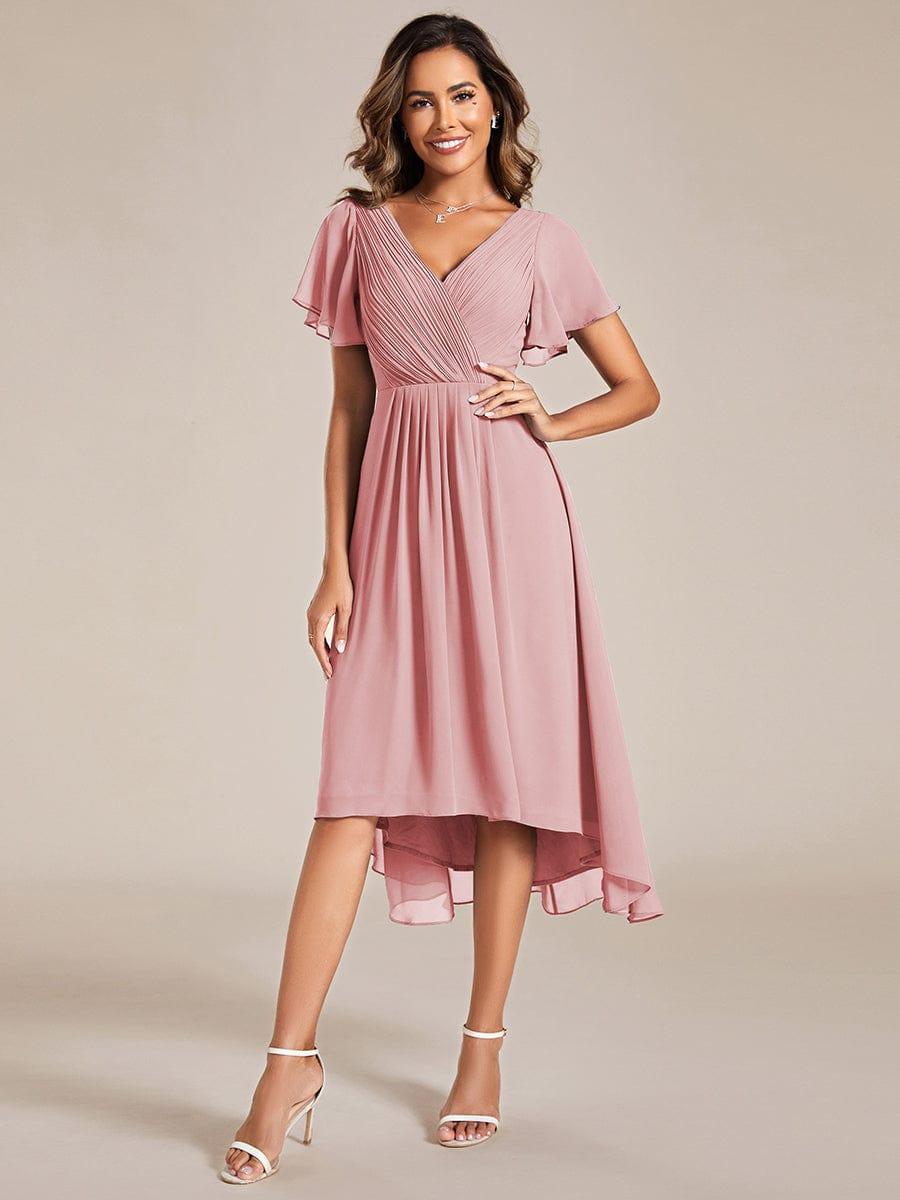 Plus Size V-Neck Pleated Chiffon Midi Wedding Guest Dress #color_Dusty Rose