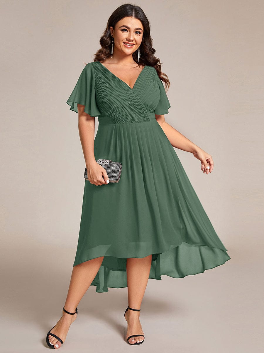 Elegant V-Neck Flowy High-Low Short Sleeve Wedding Guest Dress #color_Eucalyptus