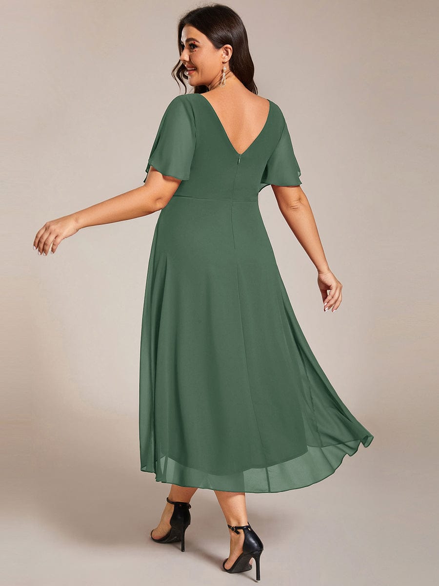 Elegant V-Neck Flowy High-Low Short Sleeve Wedding Guest Dress #color_Eucalyptus