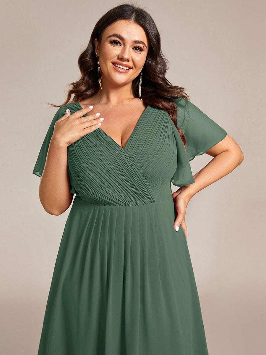 Elegant V-Neck Flowy High-Low Short Sleeve Wedding Guest Dress #color_Eucalyptus