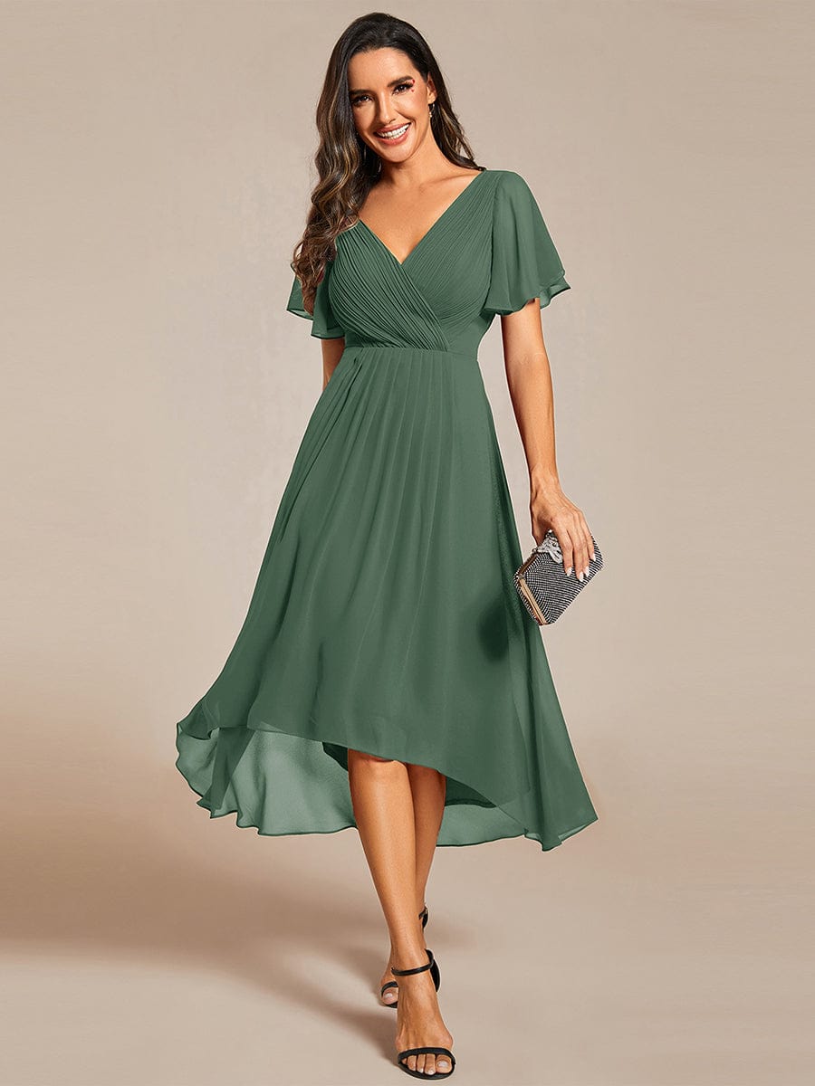 Elegant V-Neck Flowy High-Low Short Sleeve Wedding Guest Dress #color_Eucalyptus