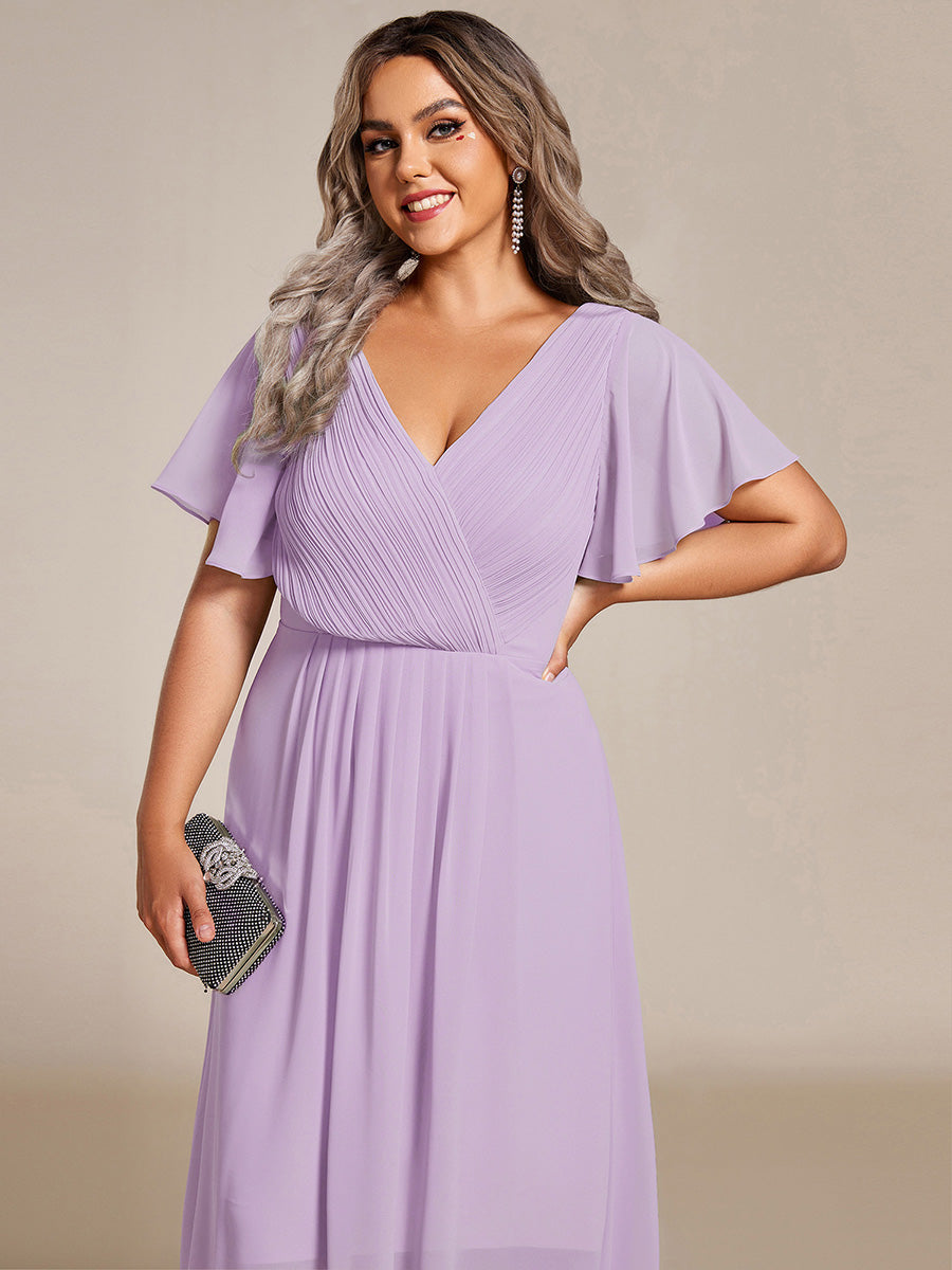 Plus Size V-Neck Pleated Chiffon Midi Wedding Guest Dress #color_Frosted Lilac
