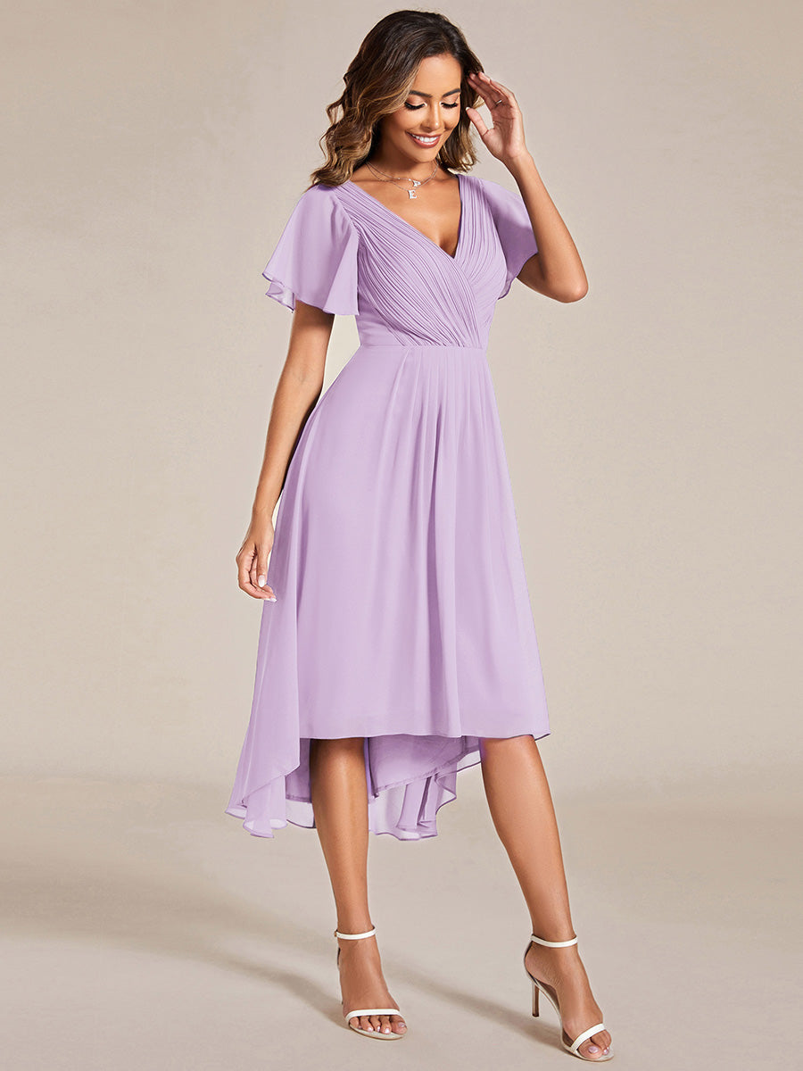 Plus Size V-Neck Pleated Chiffon Midi Wedding Guest Dress #color_Frosted Lilac