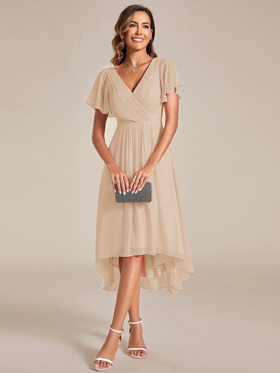 Chic V Neck High-Low Short Sleeve Wedding Guest Dress #color_Gold