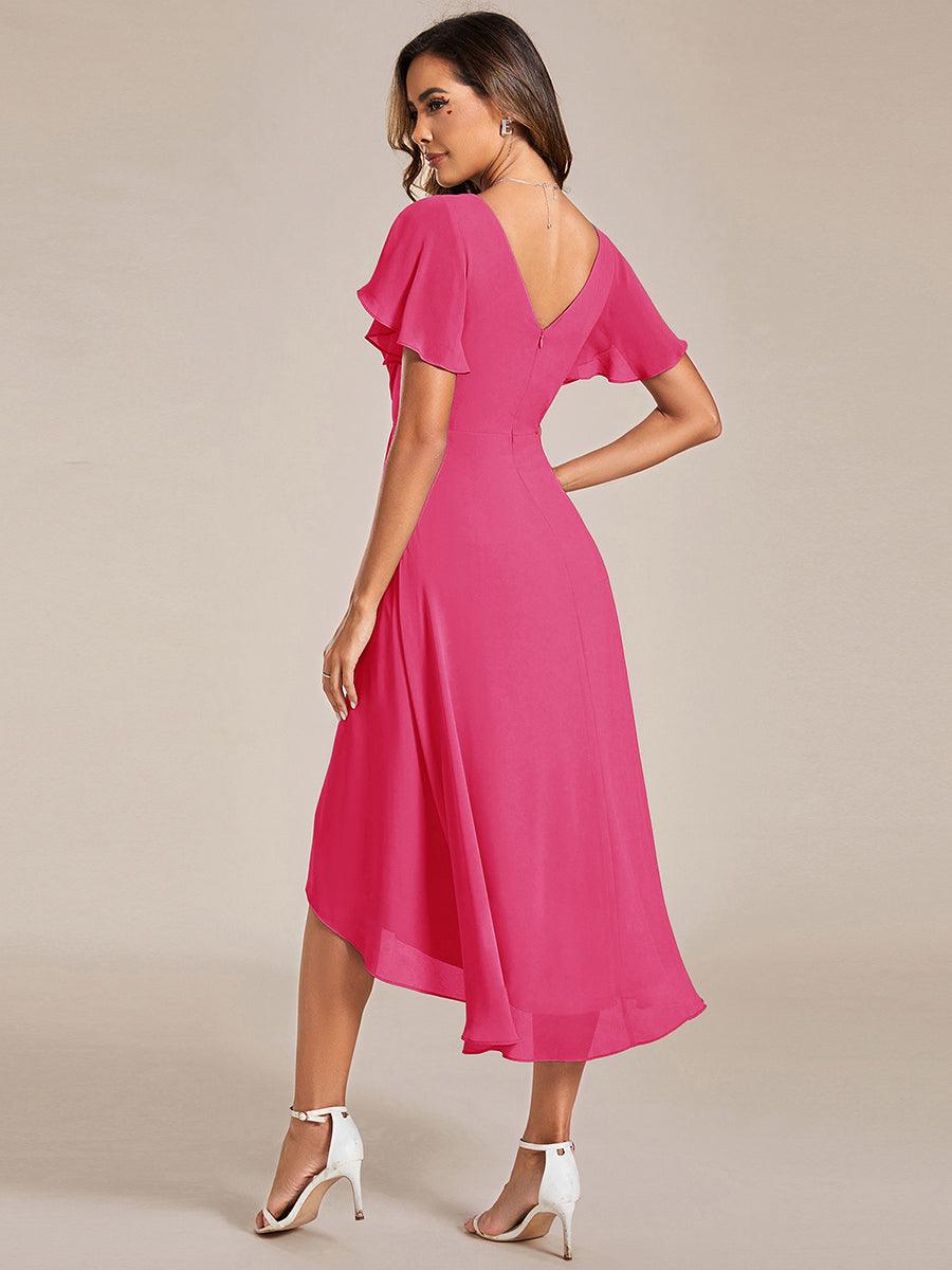 Chic V Neck High-Low Short Sleeve Wedding Guest Dress #color_Hot Pink