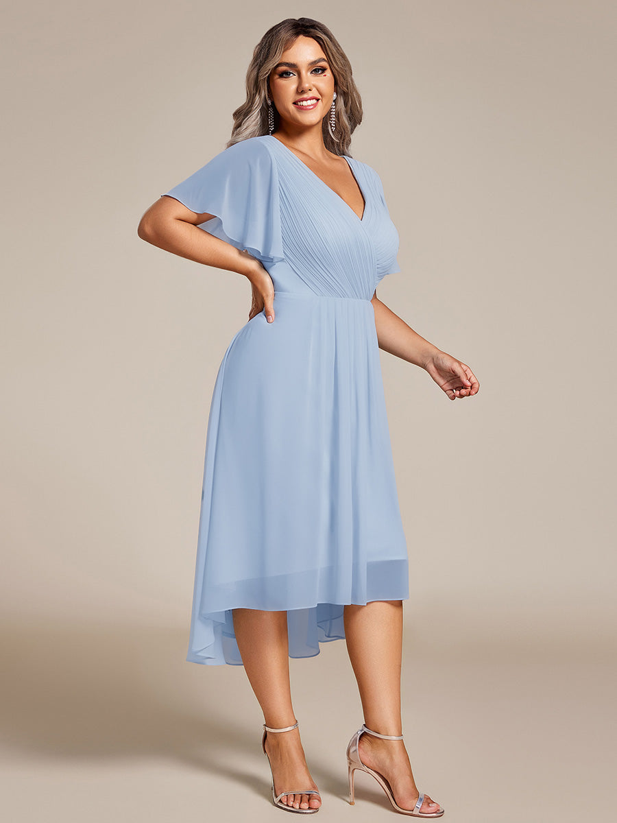 Plus Size Pleated Midi Ruffles Sleeve Chiffon Bridesmaid Dress #color_Ice Blue