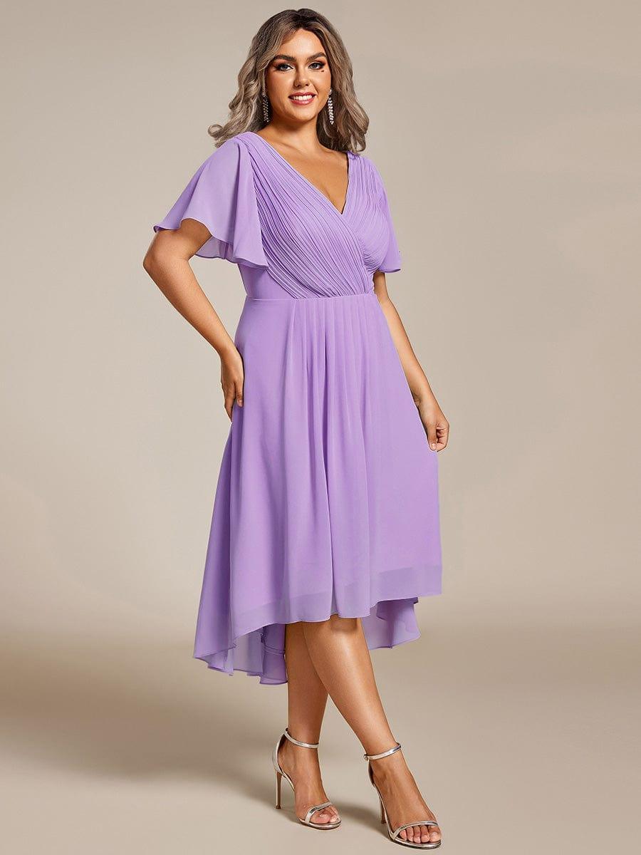 Plus Size Double V-Neck Ruffles Sleeve Chiffon Midi Wedding Guest Dress #color_Lavender