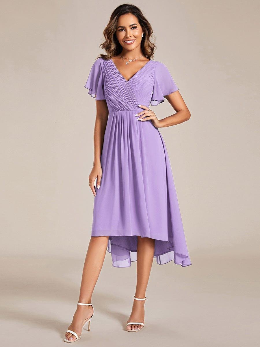 Chic V Neck Asymmetrical Hem Ruffles Sleeve Pleated Chiffon Wedding Guest Dress #color_Lavender
