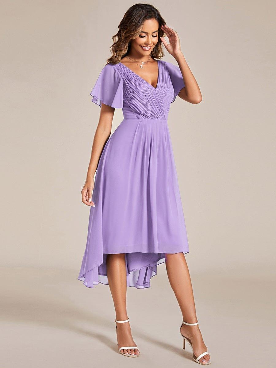 Pleated Asymmetrical Hem Ruffles Sleeve Chiffon Bridesmaid Dress #color_Lavender