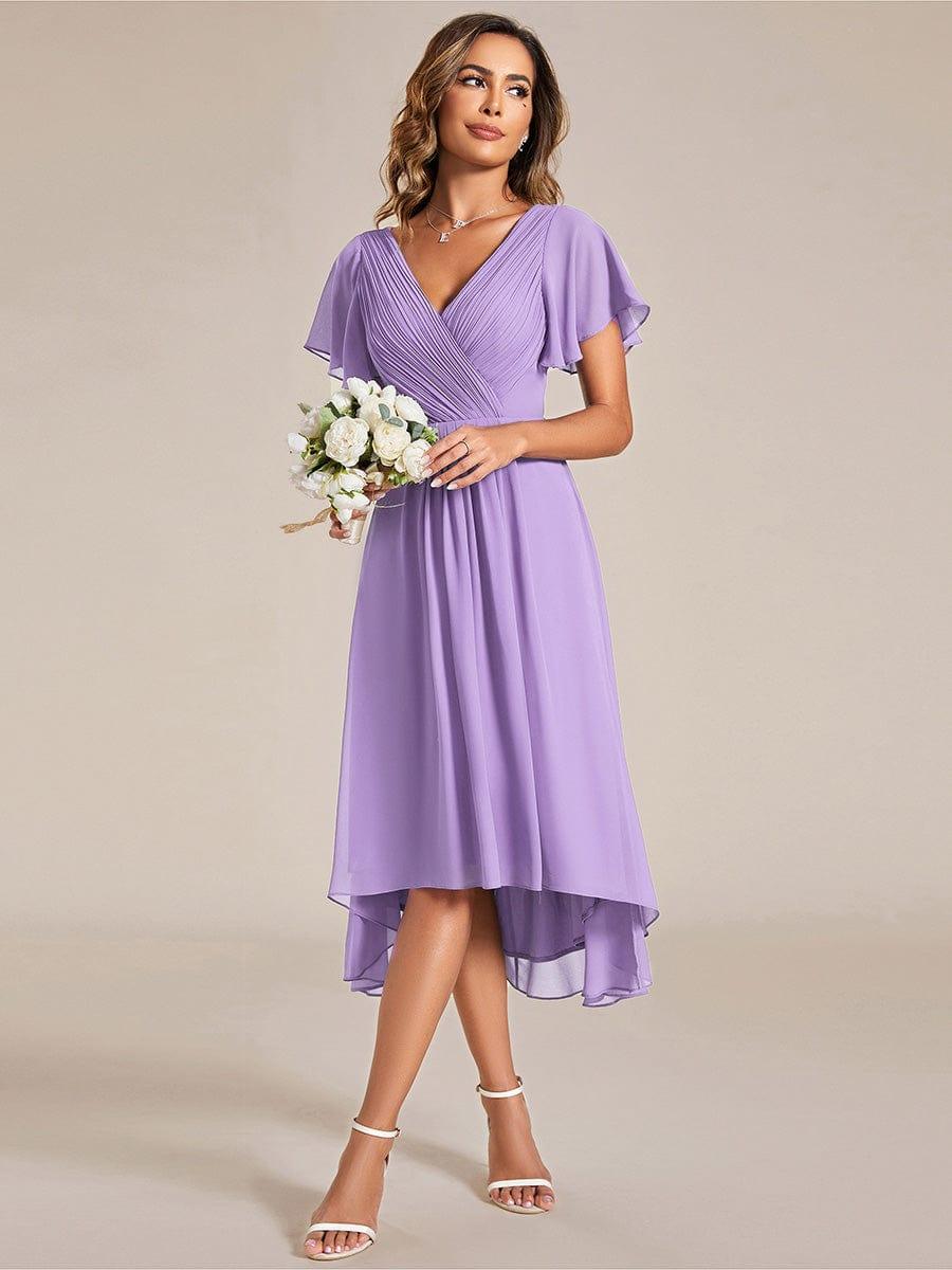 Plus Size Pleated Midi Ruffles Sleeve Chiffon Bridesmaid Dress #color_Lavender
