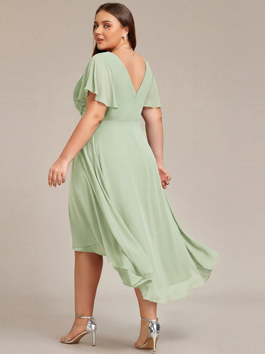 Chic V Neck Asymmetrical Hem Ruffles Sleeve Pleated Chiffon Wedding Guest Dress #color_Mint Green