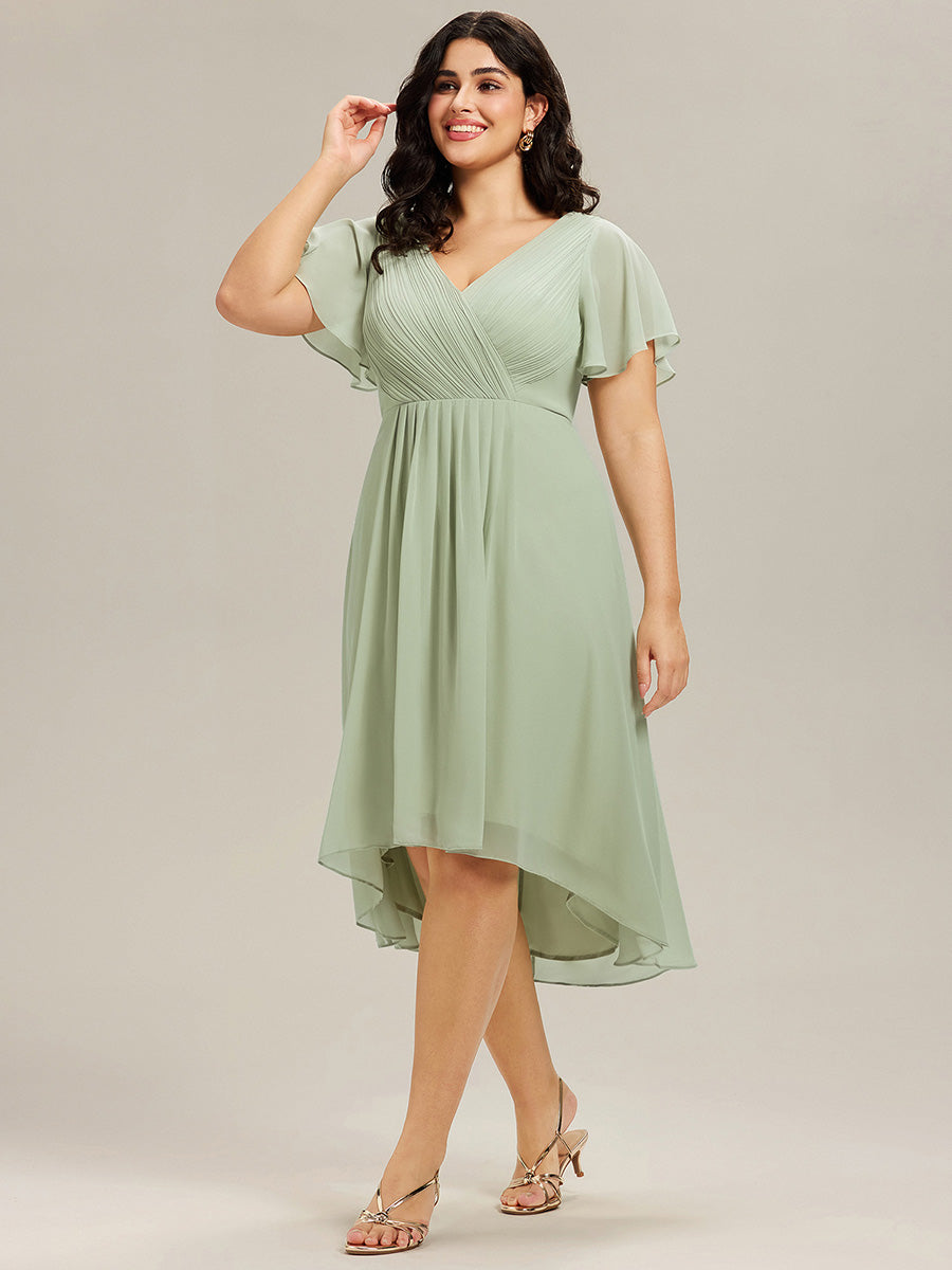 Plus Size Double V-Neck Ruffles Sleeve Chiffon Midi Wedding Guest Dress #color_Mint Green