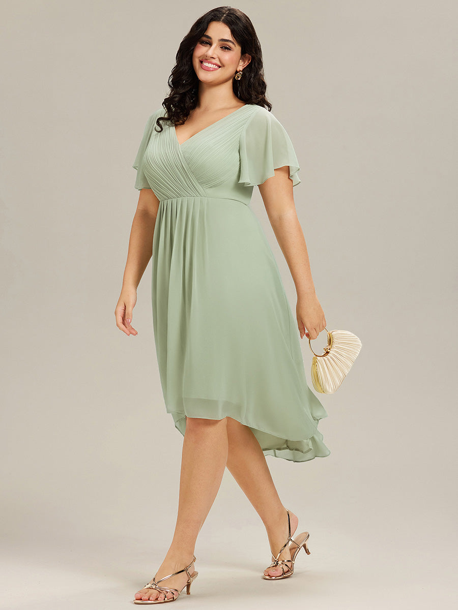 Chic V Neck Asymmetrical Hem Ruffles Sleeve Pleated Chiffon Wedding Guest Dress #color_Mint Green
