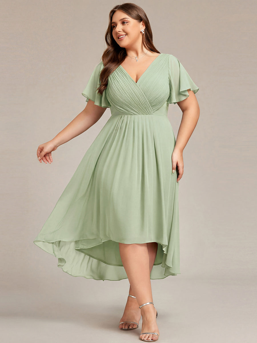 Chic V Neck Asymmetrical Hem Ruffles Sleeve Pleated Chiffon Wedding Guest Dress #color_Mint Green