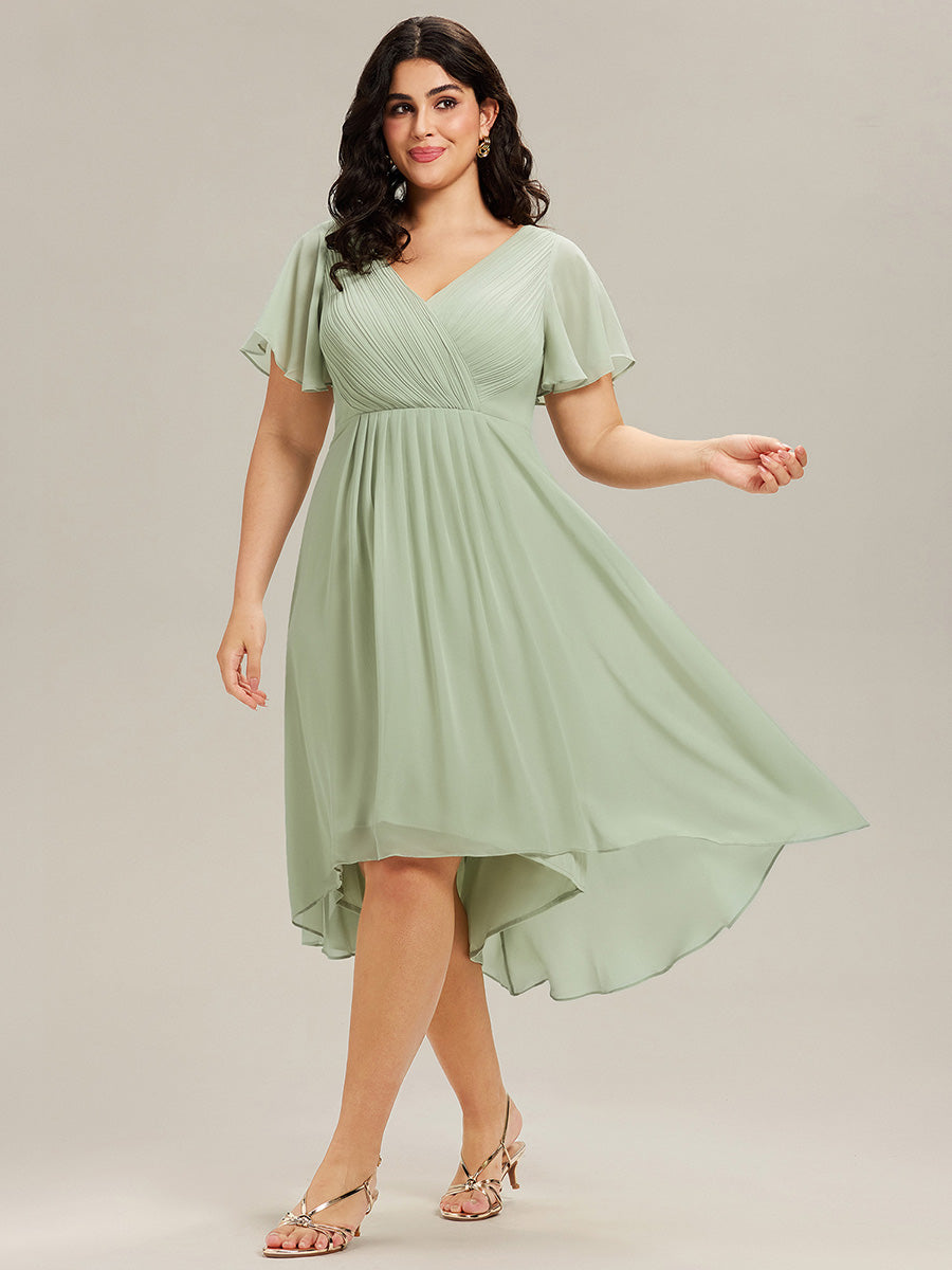 Plus Size Double V-Neck Ruffles Sleeve Chiffon Midi Wedding Guest Dress #color_Mint Green