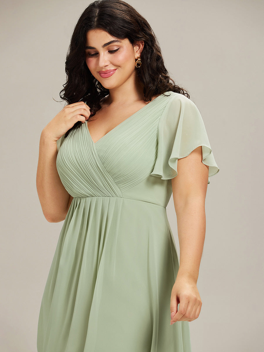 Plus Size Pleated Midi Ruffles Sleeve Chiffon Bridesmaid Dress #color_Mint Green