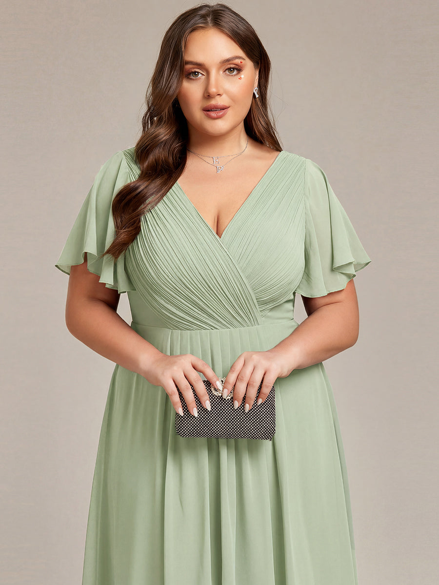Chic V Neck Asymmetrical Hem Ruffles Sleeve Pleated Chiffon Wedding Guest Dress #color_Mint Green
