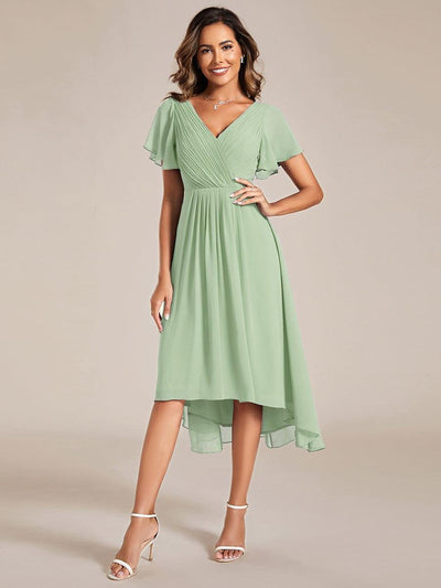 ever FAYE|Chic V Neck Asymmetrical Hem Ruffles Sleeve Pleated Chiffon Wedding Guest Dress