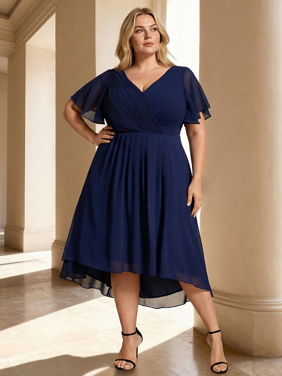 Plus Size Double V-Neck Ruffles Sleeve Chiffon Midi Wedding Guest Dress #color_Navy Blue