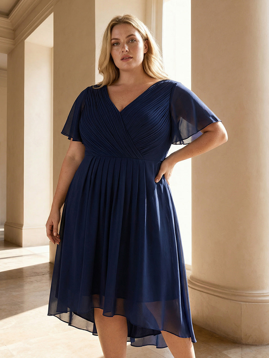 Plus Size Double V-Neck Ruffles Sleeve Chiffon Midi Wedding Guest Dress #color_Navy Blue