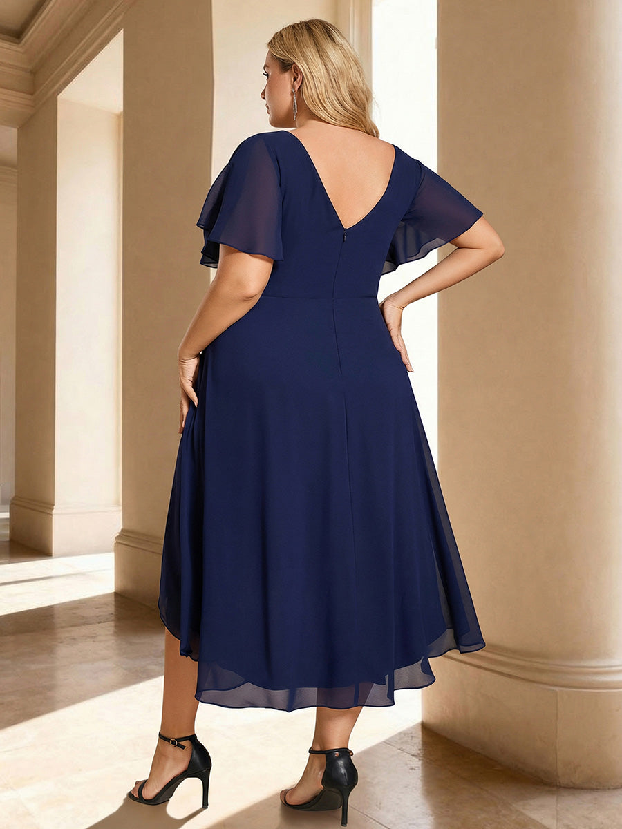 Plus Size Double V-Neck Ruffles Sleeve Chiffon Midi Wedding Guest Dress #color_Navy Blue