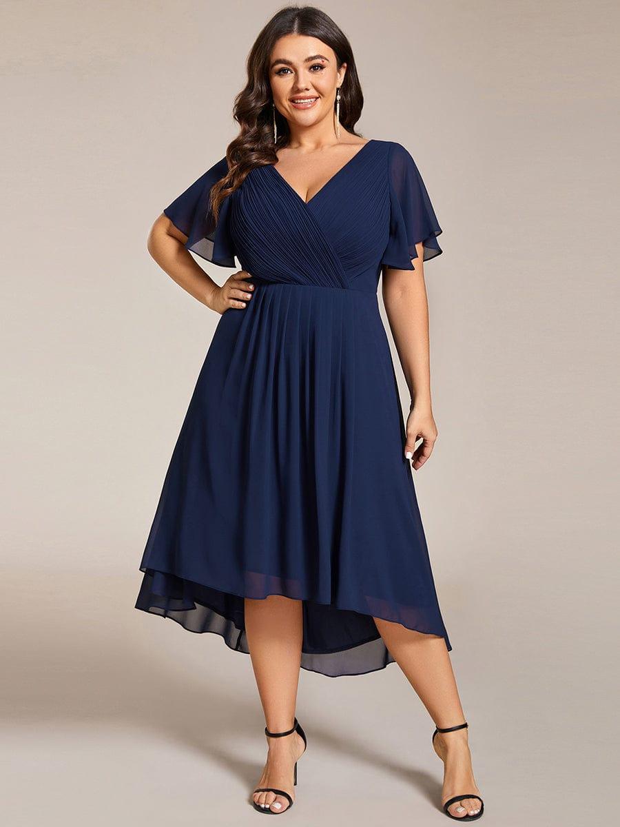Plus Size Double V-Neck Ruffles Sleeve Chiffon Midi Wedding Guest Dress #color_Navy Blue