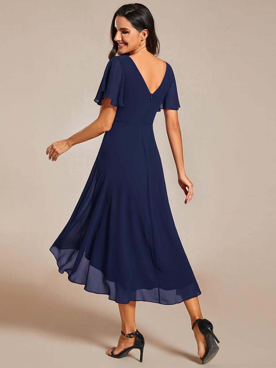 Plus Size V-Neck Pleated Chiffon Midi Wedding Guest Dress #color_Navy Blue