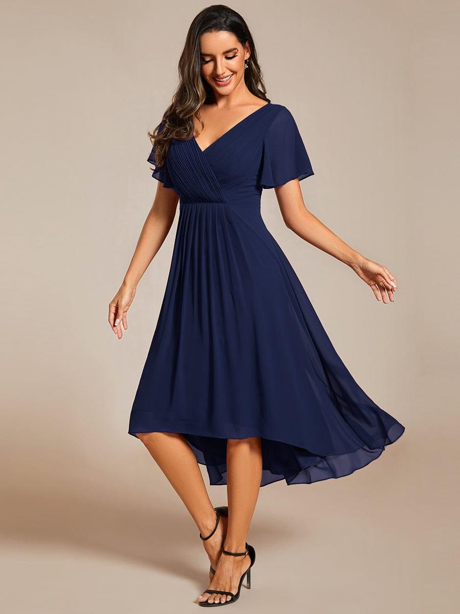 Plus Size V-Neck Pleated Chiffon Midi Wedding Guest Dress #color_Navy Blue