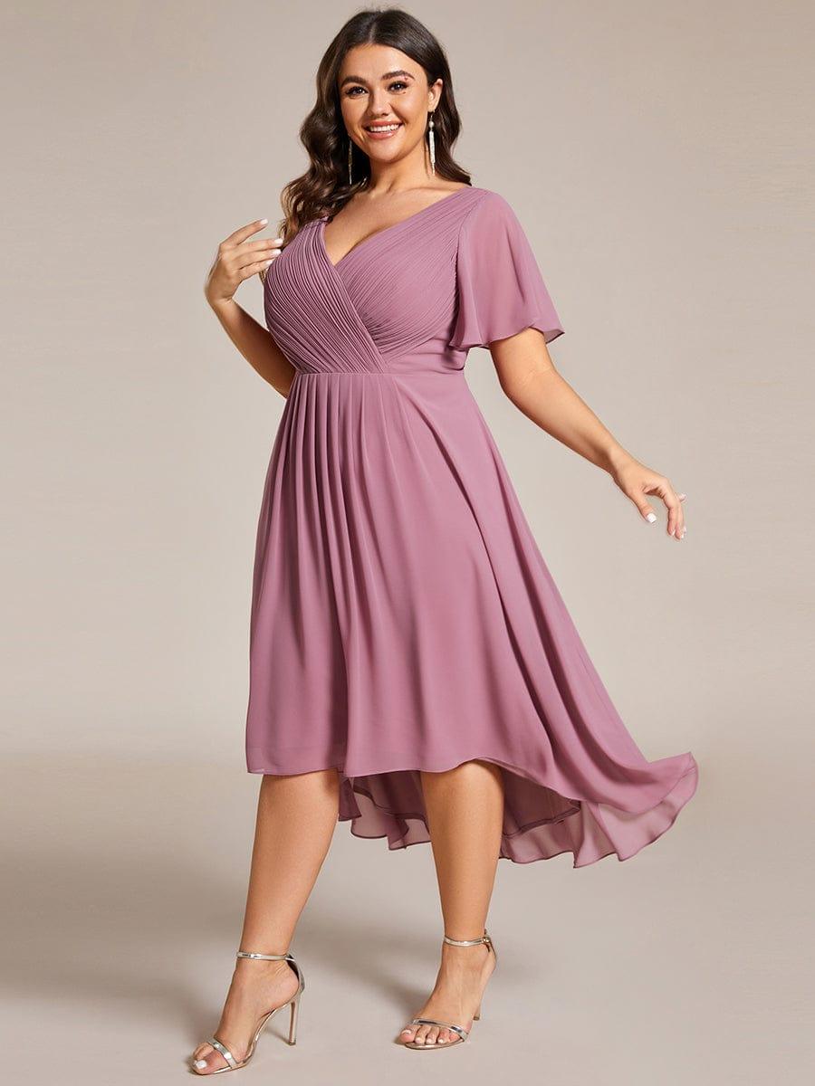 Plus Size V-Neck Pleated Chiffon Midi Wedding Guest Dress #color_Purple Orchid