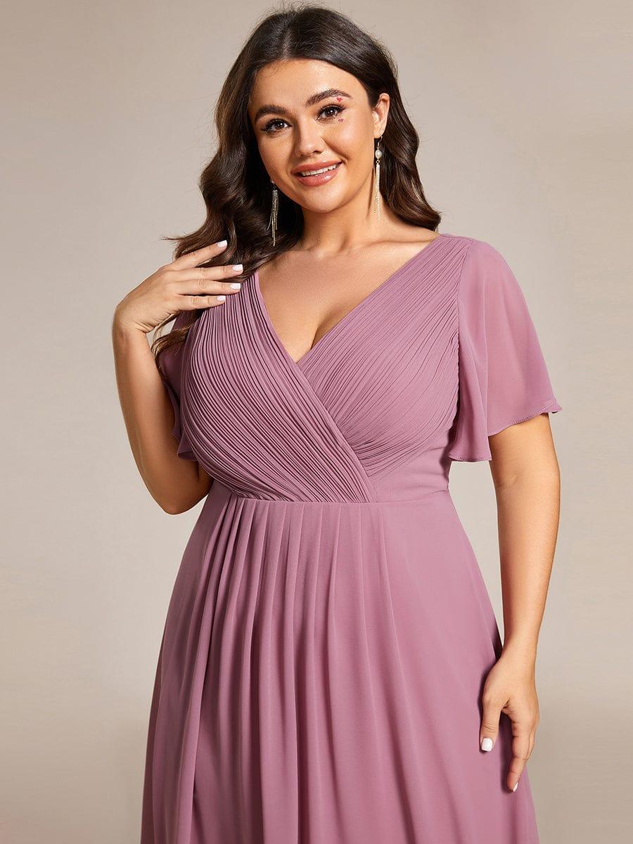 Plus Size V-Neck Pleated Chiffon Midi Wedding Guest Dress #color_Purple Orchid