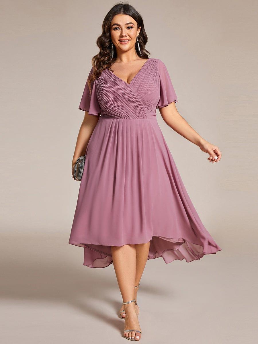 Plus Size Double V-Neck Ruffles Sleeve Chiffon Midi Wedding Guest Dress #color_Purple Orchid