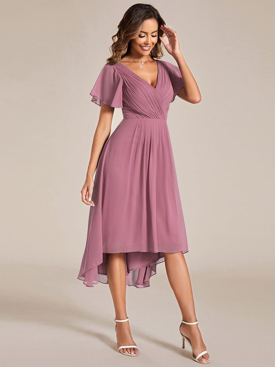 Plus Size V-Neck Pleated Chiffon Midi Wedding Guest Dress #color_Purple Orchid