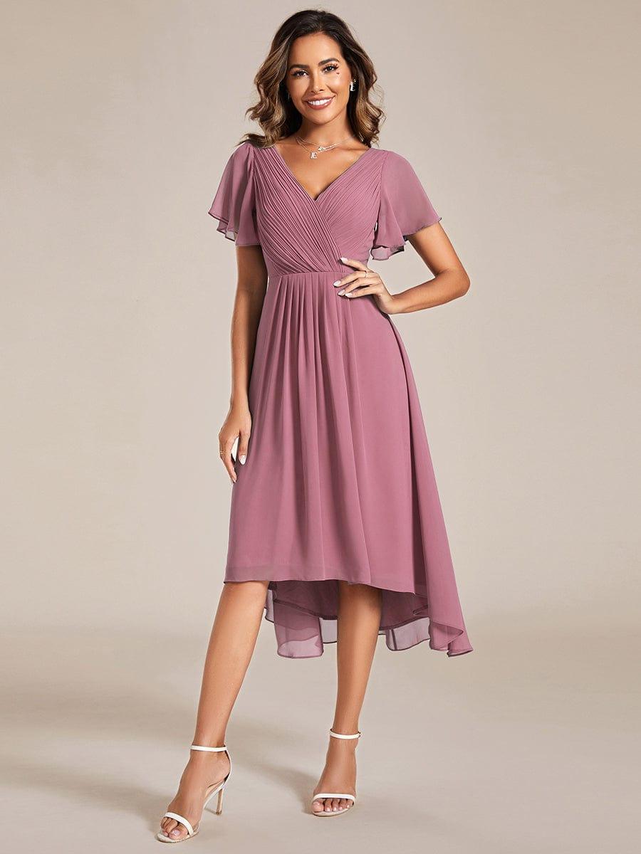 Chic V Neck Asymmetrical Hem Ruffles Sleeve Pleated Chiffon Wedding Guest Dress #color_Purple Orchid