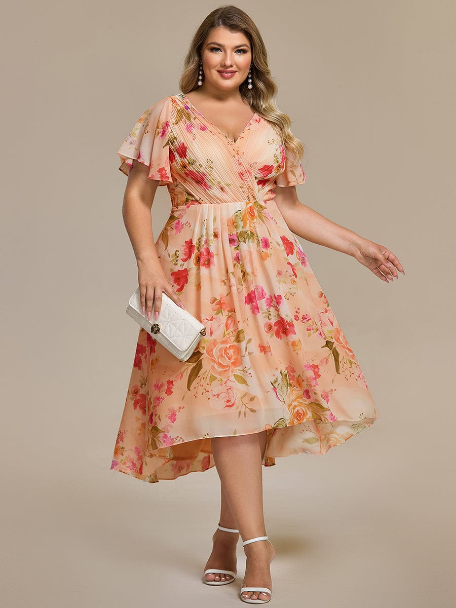 Elegant V-Neck Flowy High-Low Short Sleeve Wedding Guest Dress #color_Peach Fuzz