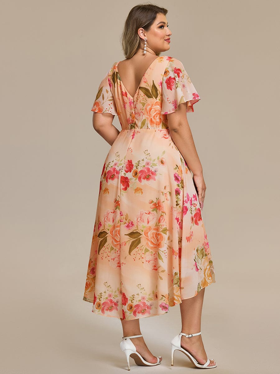 Elegant V-Neck Flowy High-Low Short Sleeve Wedding Guest Dress #color_Peach Fuzz