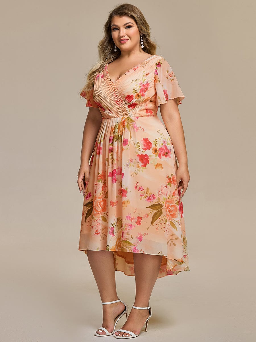 Elegant V-Neck Flowy High-Low Short Sleeve Wedding Guest Dress #color_Peach Fuzz
