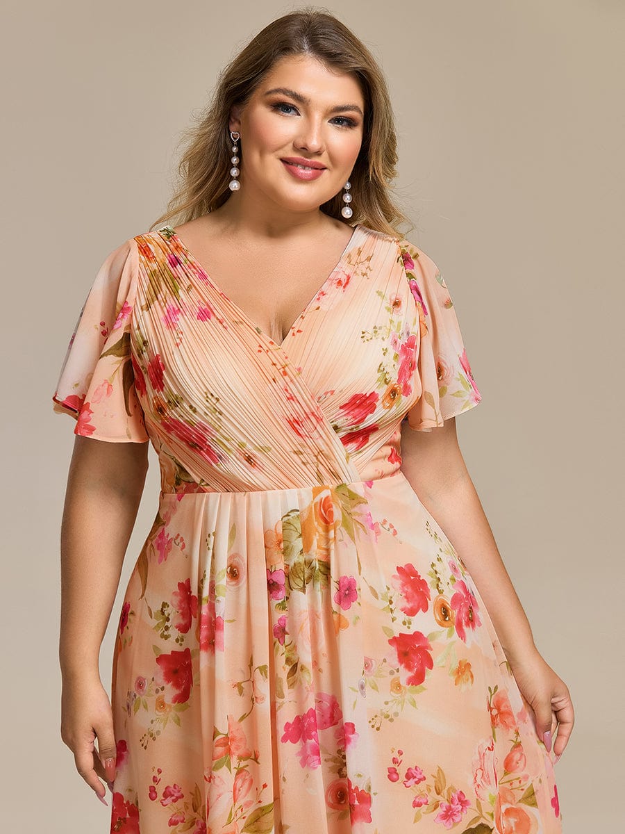 Elegant V-Neck Flowy High-Low Short Sleeve Wedding Guest Dress #color_Peach Fuzz