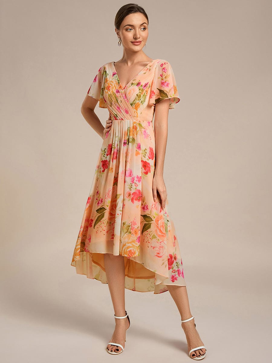 Elegant V-Neck Flowy High-Low Short Sleeve Wedding Guest Dress #color_Peach Fuzz